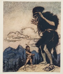 Vytáhl kus měkkého sýra z kapsy a mačkal ho, dokud nevytekla vlhkost...z hospody Pohádky bratří Grimmů. 1909 od Arthur Rackham