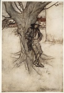 Rips syn, jeho přesný protějšek, když šel na horu., z Rip Van Winkle od Washingtona Irvinga, hospoda. 1910 od Arthur Rackham