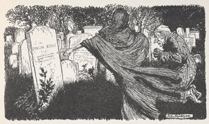 Scrooge a duch na hřbitově v noci. od Arthur Rackham
