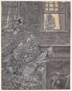 Scrooge u okna sledoval duchy na ulici pod ním od Arthur Rackham