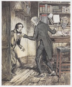 Scrooge píše ve své kanceláři, když vstoupí další muž od Arthur Rackham