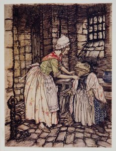 Šál upravila profesionálním záhybem a pod bradou mu uvázala provázky rezavého klobouku z Wind in the Willows od Kennetha Grahama (1859 - 1932), hospoda. 1940 od Arthur Rackham