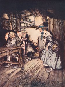 Docela pěkně prosila, aby tam mohla strávit noc. Ilustrace Arthura Rackhama z Grimmovy pohádky Chata v lese, vydané koncem 19. století. od Arthur Rackham