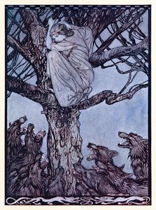 S rozzlobeným žalem se podívala na napínavou a vrčící hordu dole. z The Wooing of Becfola v Irish Fairy Tales od Arthur Rackham