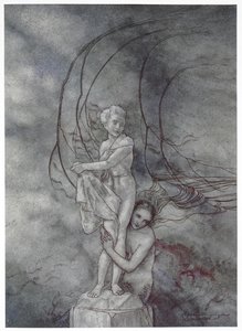 "Objala pažemi mramorovou postavu, která byla tak podobná princi." Ilustrace k příběhu „Malá mořská víla“. od Arthur Rackham