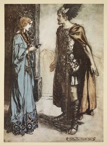 Siegfried vrací Gutrune roh a náhle na ni vášnivě pohlédne, ilustrace z filmu "Siegfried a soumrak bohů", 1924. od Arthur Rackham