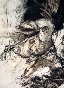 Siegfried zabíjí Fafnera, 1924. od Arthur Rackham