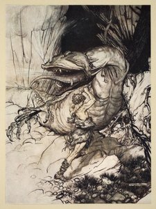 Siegfried zabíjí Fafnera, ilustrace z 