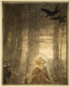 Siegfriedova smrt, ilustrace z knihy "Siegfried a soumrak bohů od Arthur Rackham