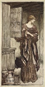 Sieglinda připravuje Hundingovi noční nápoj, ilustrace z "Rýnského zlata a valkýry". od Arthur Rackham