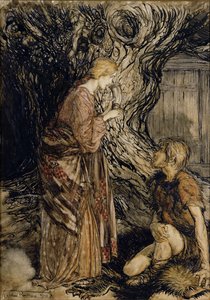 Siegmund a Sieglinde, Ilustrace z Rhinegold and the Valkyrie od Richarda Wagnera, Heinemann, 1910 (pero a inkoust s wc na papíře) od Arthur Rackham