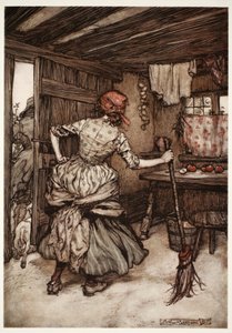 Tak, že byl fain stáhnout své síly a vyrazit ven z domu - jediná strana, která ve skutečnosti patří slepice klovaný manžel., z Rip Van Winkle, Washington Irving, hospoda. 1910 ( od Arthur Rackham