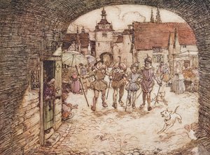 Čtyři bratři tedy vzali do rukou své hole, rozloučili se s otcem a vyšli z městské brány, z Pohádek bratří Grimmů, nakl. 1909 od Arthur Rackham