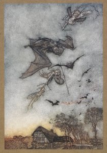 Nějaká válka s pravými myšmi o jejich kožená křídla. Scéna ze „Snu noci svatojánské“. od Arthur Rackham