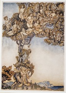 Někdy v mých uších bude hučet tisíc cinkajících nástrojů, ilustrace z The Bouře od Williama Shakespeara, hospoda. 1926 od Arthur Rackham