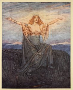 „Slunce, zdravím tě! Zdrávas, ó světlo! Zdrávas, ó slavný den!“, ilustrace z „Siegfried a soumrak bohů“, 1924 od Arthur Rackham