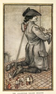 Krejčí z Lilliputu měří Gullivera, ilustrace z Gulliver