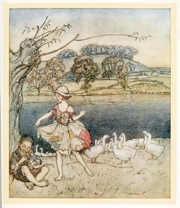 Tattercoats tančí, zatímco husí dýmky, z anglických pohádek, hospoda. 1922. od Arthur Rackham