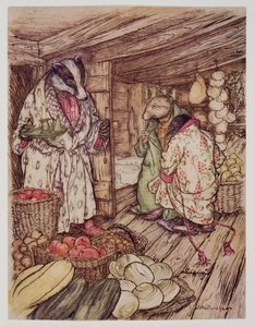 Zimní sklady Badgers, které byly skutečně vidět všude, zabíraly polovinu místnosti, hospoda Wind in the Willows od Kennetha Grahama (1859 - 1932). 1940 od Arthur Rackham
