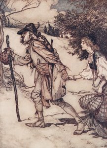Žebrák ji vzal za ruku a vedl ji pryč z hospody Pohádky bratří Grimmů. 1909 od Arthur Rackham