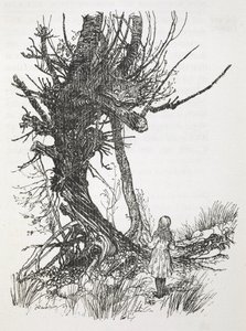 Cheshire Cat na stromě shlíží na Alici od Arthur Rackham