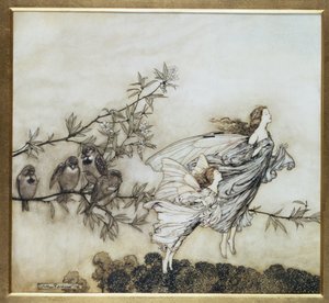 Víly mají svůj Tiff with the Birds, ilustrace z roku 1906 pro Petera Pana v Kensington Gardens od J. M. Barrieho, hospoda. 1906 (inkoust a wc)