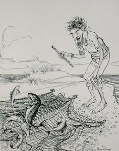 Rybář píská, ilustrace z "Ezopových bajek", vydaných nakladatelstvím Heinemann od Arthur Rackham