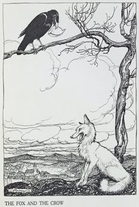 Liška a vrána, ilustrace z "Ezopových bajek", vydalo nakladatelství Heinemann, 1912 (rytina)