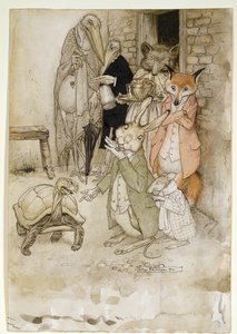 Zajíc a želva, ilustrace z Ezopových bajek, hospoda. od Heinemanna, 1912 (pero a inkoust, wc na papíře)