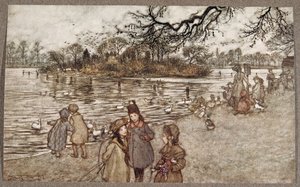 Ostrov, na kterém se rodí všichni ptáci, ze kterých se stali chlapci a holčičky, od Petera Pana v Kensington Gardens od J. M. Barrieho (1860 - 1937), hospoda. 1906 od Arthur Rackham