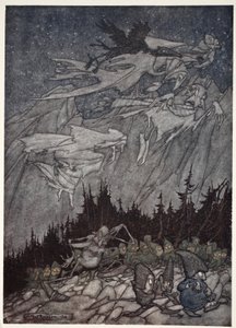 Pohoří Kaatskill bylo vždy pronásledováno podivnými bytostmi., od Rip Van Winkle od Washington Irving, hospoda. 1910 od Arthur Rackham