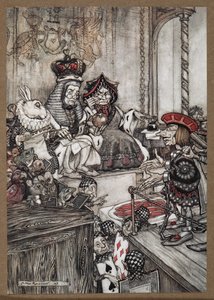 Srdcový padouch v doku před královnou a srdcovým králem obviněným z krádeže koláčů od Arthur Rackham