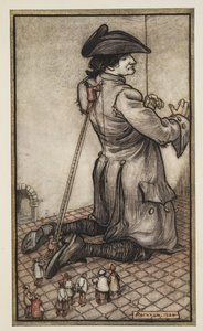 Lilliputian Tailors Measure Gulliver for a New Suit of Clothes, z Gullivers Travels od Jonathona Swifta (1667 - 1745), pub. 1909 od Arthur Rackham