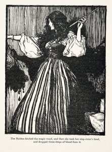Panna přinesla kouzelnou hůlku a pak vzala hlavu své nevlastní sestry a vypustila z ní tři kapky krve z hospody Pohádky bratří Grimmů. 1909