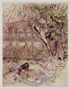 Krtek prosil o laskavost, aby si to mohl rozbalit sám, z Wind in the Willows od Kennetha Grahama (1859 - 1932), hospoda. 1940 od Arthur Rackham