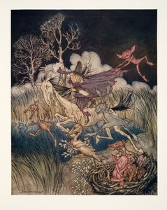 Noční můra s celou její devítidílnou ?, z Legendy o ospalé prohlubni od Washingtona Irvinga (1783 - 1859), hospoda. 1928 od Arthur Rackham
