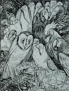 Sova a ptáci, ilustrace z „Ezopových bajek“, nakladatelství Heinemann od Arthur Rackham