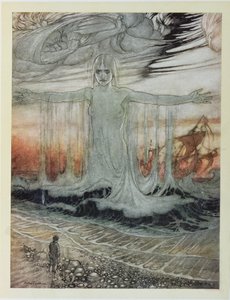 The Shipwrecked Man and the Sea, ilustrace z ‚Ezopových bajek‘, vydané nakladatelstvím Heinemann, 1912 od Arthur Rackham