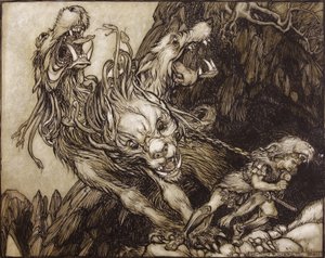 Dvanáctá Herkulova práce, ilustrace z The Greek Heroes od B.G. Niebuhr, 1903 (pero a inkoust a wc na papíře) od Arthur Rackham