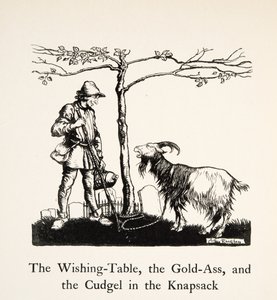 Stůl přání, zlatý zadeček a obušek v batohu, z Bratříčka a sestřičky a jiné příběhy bratří Grimmů, pub. 1917 (litho) od Arthur Rackham