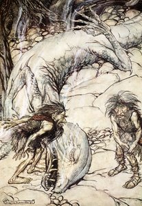 „Trpaslíci se hádají o Fafnerovo tělo“, 1924. od Arthur Rackham