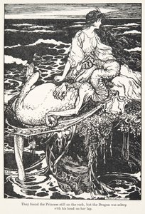 Princeznu našli stále na skále, ale Drak spal s hlavou na jejím klíně, z hospody Pohádky bratří Grimmů. 1909 od Arthur Rackham