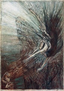 Dovádění Rhinemaidenů. Ilustrace k filmu The Rhinegold and The Valkyrie od Richarda Wagnera, od Arthur Rackham