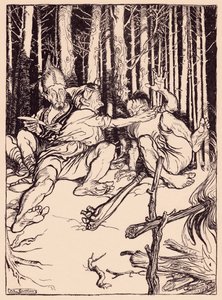 Obr dal tomu, kdo seděl vedle něj, krabičku na ucho. Ilustrace Arthur Rackham z Grimm