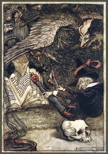 Malý muž se posadil do středu kruhu na velkou lebku z hospody The Ingoldsby Legends. 1907 od Arthur Rackham