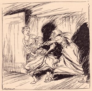 Stará žena ji chytila za šaty a snažila se ji držet. Ilustrace Arthur Rackham z Grimm