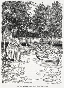 "Stará žena šla přímo do vody." Ilustrace pro „květinovou zahradu ženy, která znala magii“. Mladá dívka, Gerda, na lodi. Stará žena vstoupí do řeky, aby jí pomohla. od Arthur Rackham