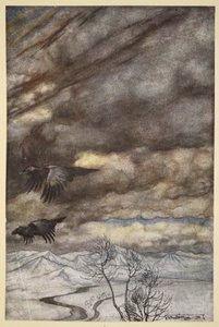 Wotanovi havrani, ilustrace z knihy "Siegfried a soumrak bohů od Arthur Rackham