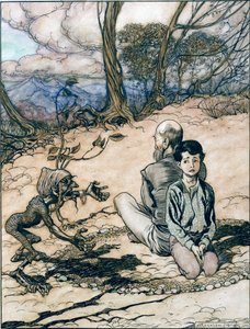 Syn udělal kruh a jeho otec a on v něm zaujali místa a objevil se malý černý mannik, ilustrace z Krále Zlaté hory v Pohádkách bratří Grimmů,