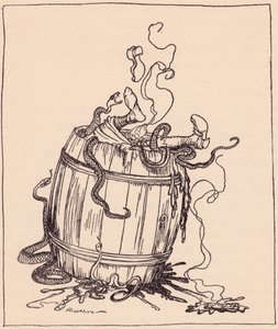 Zlá tchyně byla vložena do sudu plného vroucího oleje a jedovatých hadů. Ilustrace Arthura Rackhama z Grimm